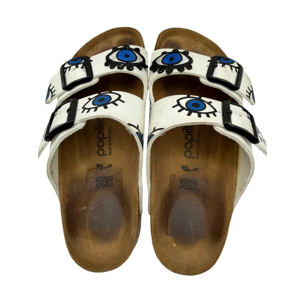 Papillio Birkenstock Arizona Platform Sandals Women 7 White Leather Evil Eye - Picture 8 of 11